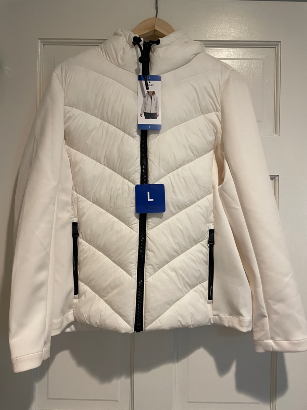 DKNY Women’s Cream Quilted Hooded Puffer Jacket with Black Zipper